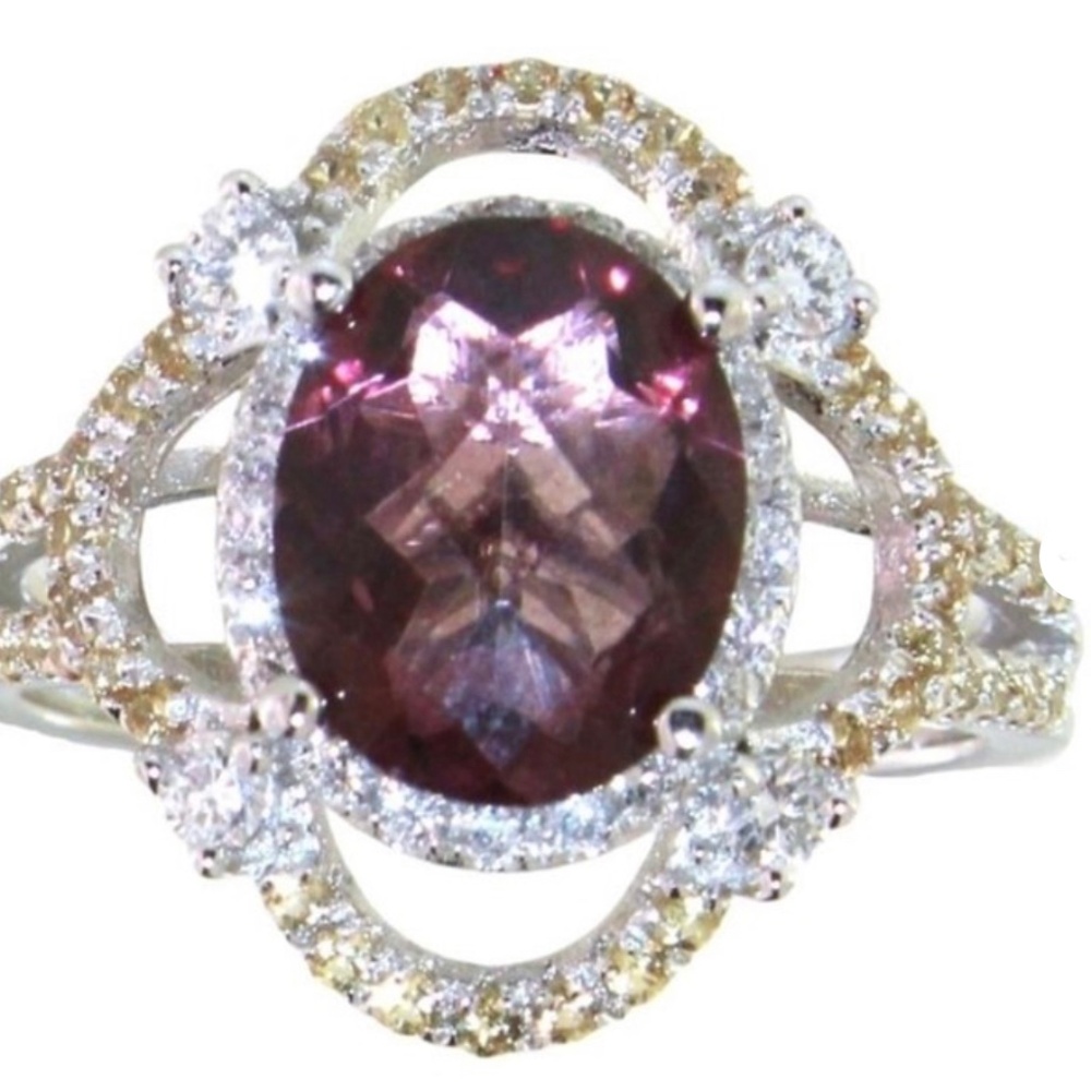 Pink/purple topaz, yellow sapphire, and white diamond ring, 3.3 carats, size 7